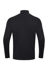 Maglietta nera a maniche lunghe con colletto alto, caratterizzata da una texture liscia e un design semplice, che mette in evidenza una forma aderente senza motivi visibili.