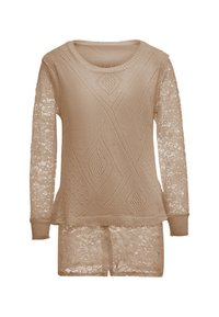 Beige strikket sweater med diamantmønstre og gennemsigtige blomsterlacet lange ærmer samt matchende lace shorts.