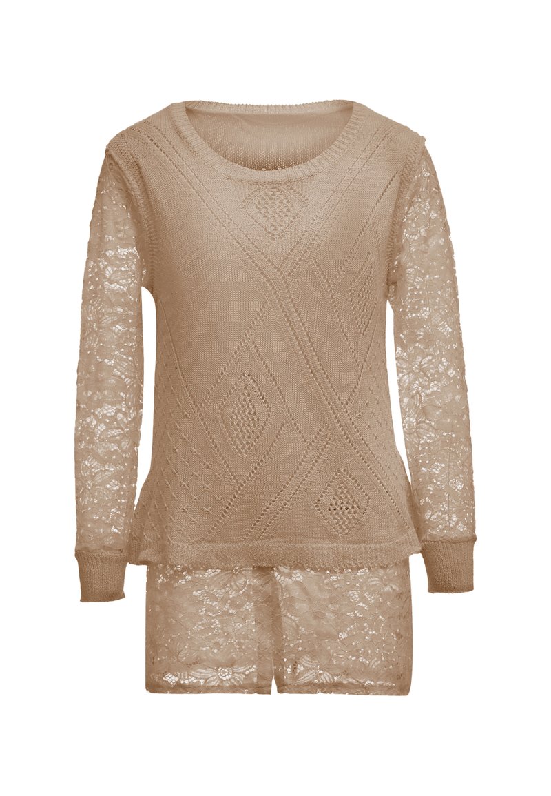 Beige strikket sweater med diamantmønstre og gennemsigtige blomsterlacet lange ærmer samt matchende lace shorts.