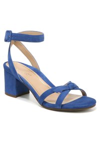 Blauwe suède hakken sandalen met een geknoopte kruisbanddesign, enkelband met gesp en een chunky blokhak. Gladde binnenvoering.