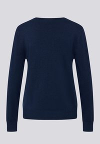 Marineblauer Strickpullover, lange Ärmel, rundhalsausschnitt, gerippte Bündchen und Saum, glatter Stoff, schlichtes Design ohne Muster oder Verzierungen.