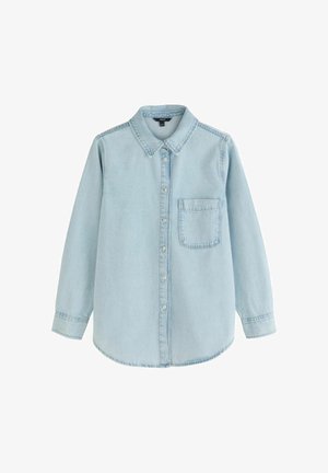 Hele sinine teksast pikkade varrukatega nööpidega särk ees tasku ja klassikalise kraega, valgel taustal.