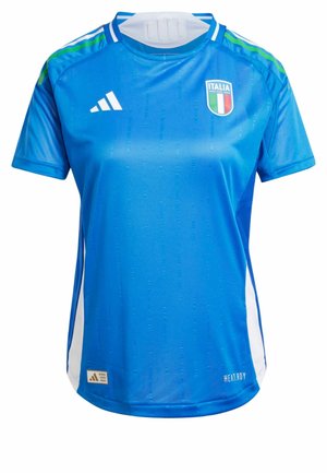 Sininen lyhythihainen pelipaita, jossa on pystysuuntainen tekstuuri, valkoiset sivupaneelit ja vihreät yksityiskohdat. Sisältää Italian vaakunan ja Adidas-logon.