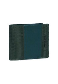 Portafoglio verde con una sezione in tessuto strutturato e accenti lisci simili alla pelle. Presenta dettagli di cucitura e una forma rettangolare.