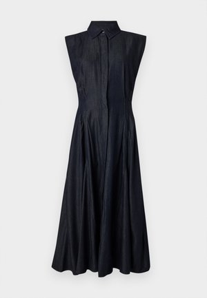 Ärmelloses Denimkleid, dunkelblau, Knopfleiste, spitzes Kragen, ausgestellter Rock mit Falten, glatte Textur, knöchellang.