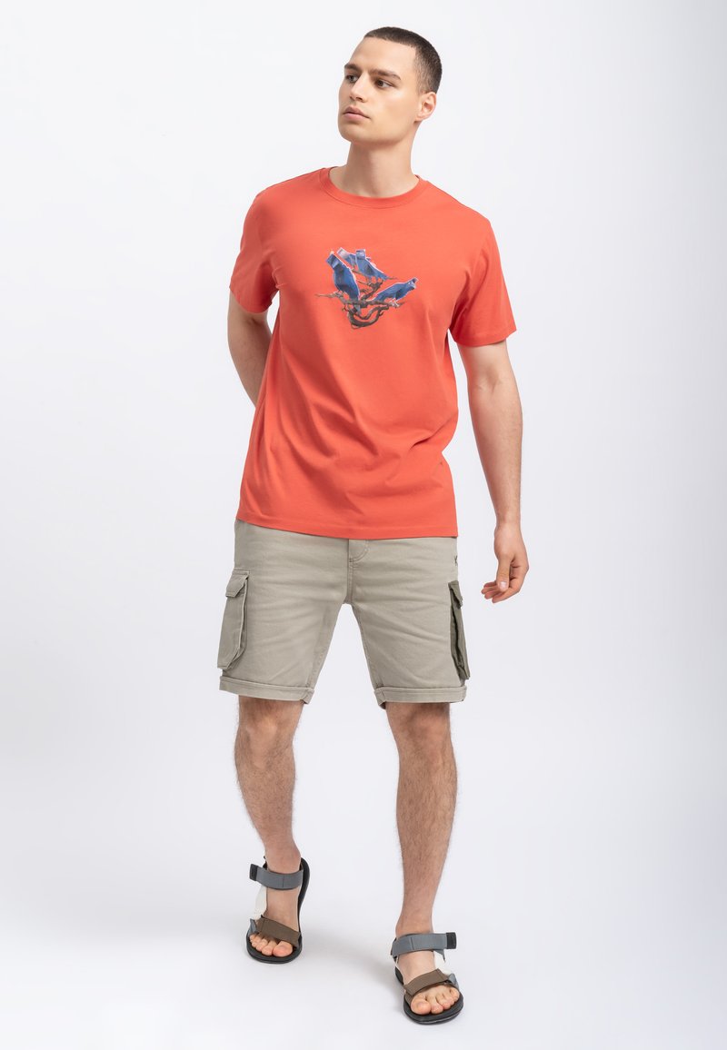 Rode katoenen T-shirt met een blauw grafisch ontwerp, gecombineerd met beige cargoshorts en zwarte sandalen. Eenvoudige, casual uitstraling met functionele details.
