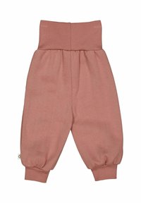 Jasnoróżowe spodnie z bawełny z szeroką ribbowaną talią i elastycznymi mankietami, charakteryzujące się luźnym, zwężającym się krojem.