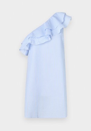 Φόρεμα με έναν ώμο σε ανοιχτό μπλε και λευκή ριγέ ύφασμα. Διαθέτει ριχτό λαιμόκοψη και ίσια γραμμή. Λείος υφασμάτινος καμβάς, μίνιμαλ σχέδιο.