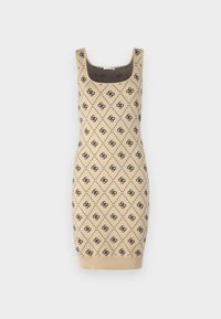 Robe sans manches en tricot beige avec un motif à losanges noir et des accents de logo, présentant une silhouette ajustée et un ourlet décoratif côtelé.