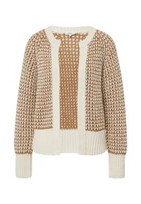 Grober Strickcardigan mit braunen und cremfarbenen Paneelen, strukturierten Mustern, gerippten Bündchen und Rundhalsausschnitt.