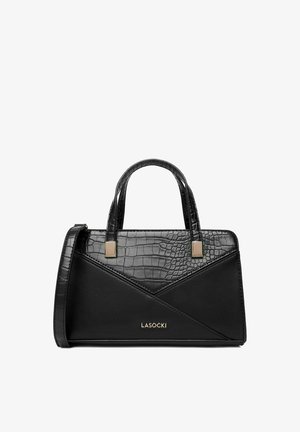 Černá kabelka s texturovanou horní částí, hladkou spodní částí, dvěma rukojeťmi, odnímatelným ramenním popruhem a zlatým logem Lasocki na přední straně.