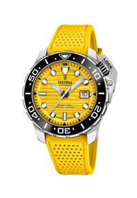 Gul gummirem-ur med en tekstureret gul skive, sort bezel og sølvfarvede detaljer. Vandafvisende, har et datovindue ved klokken 3.