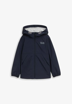 Veste à capuche bleu marine avec fermeture éclair sur le devant, poignets élastiques, poches latérales et logo "TL62" sur la poitrine gauche. Capuche doublée de tissu gris clair.