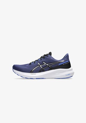 Running shoe featuring a purple mesh upper with black and silver accents, white midsole, and blue outsole. Designed for comfort and support.
