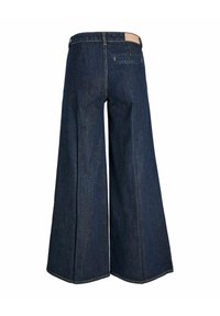 Dark blue wide-leg denim trousers with a high waist, belt loops, and a single back pocket on a white background.