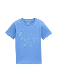 Camiseta de algodón azul claro con mangas cortas, que presenta un contorno blanco de un dinosaurio T-Rex impreso en el frente.