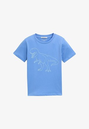 Lyseblå bomulds T-shirt med korte ærmer, udstyret med en hvid kontur af en T-Rex dinosaur trykt på forsiden.