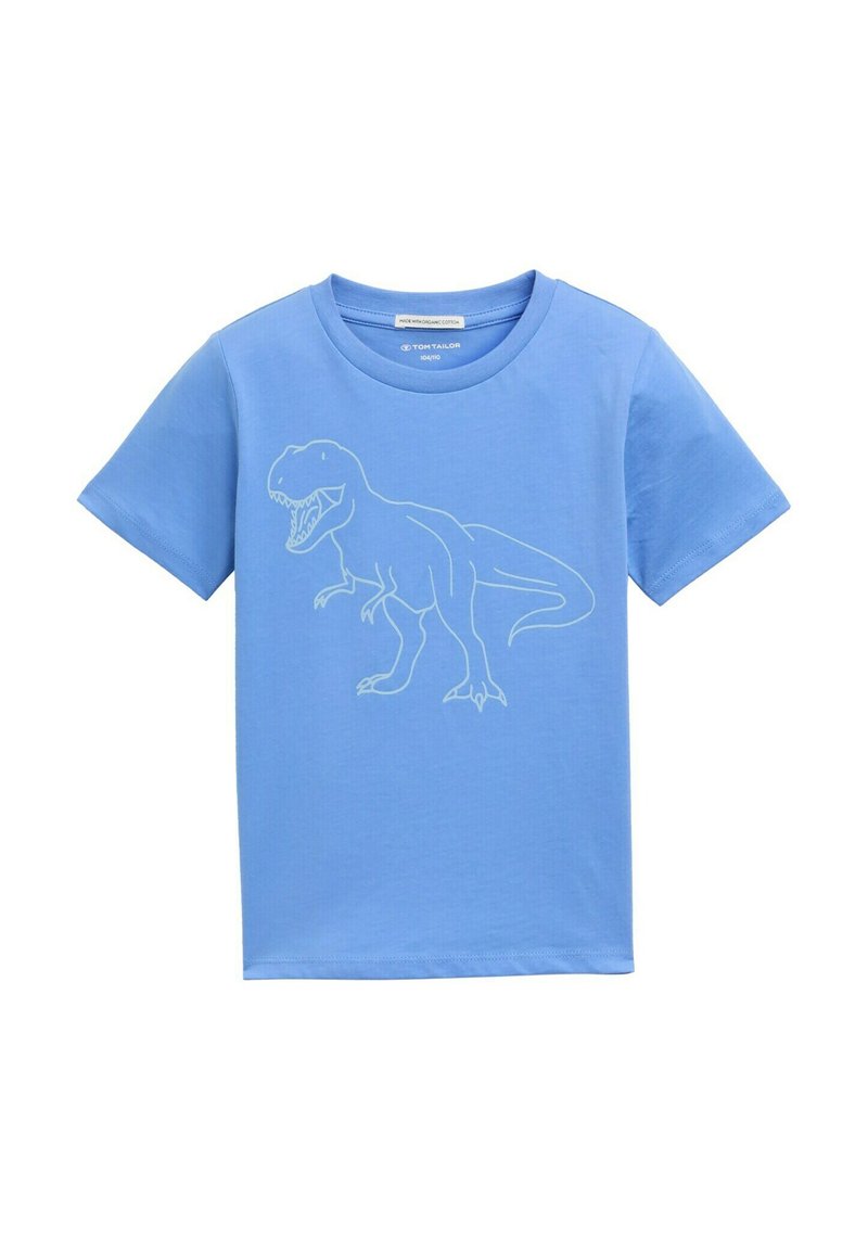 Camiseta de algodón azul claro con mangas cortas, que presenta un contorno blanco de un dinosaurio T-Rex impreso en el frente.