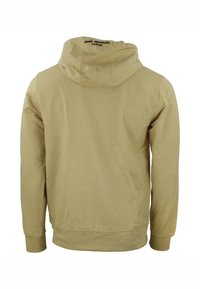 Sudadera beige con un bolsillo frontal, puños y dobladillo acanalados. Cuenta con una capucha ajustable y una etiqueta con el logo en la parte posterior del cuello. Textura suave.