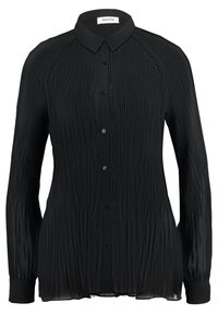 Blusa nera a maniche lunghe con design plissettato, chiusura con bottoni sul davanti e colletto classico. Tessuto morbido e leggero con una texture liscia.