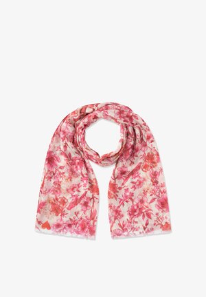 Lichtroze sjaal met rood- en roze bloemen- en vogelpatronen, los gevouwen met uiteinden die naar beneden hangen op een witte achtergrond.