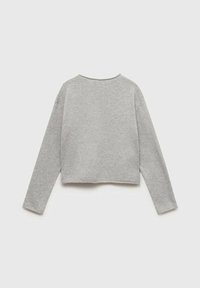 Grå kortärmad sweatshirt med långa ärmar, tillverkad av mjukt bomullsblandat tyg, med rundad halsringning och en enkel, ren design.