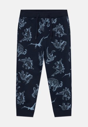 Marineblaue Kinder-Jogginghose mit hellblauen Dinosaurier-Skizzen, geripptem Bund und Bündchen und vorderem Kordelzug.