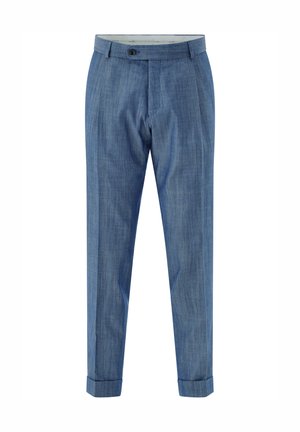 Men’s tailored blue trousers with waistband, button closure, pleats, cuffed hems, and front pockets.
