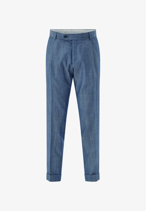 Männer maßgeschneiderte blaue Hose mit Bund, Knopfverschluss, Falten, umgeschlagenen Säumen und Vorder Taschen.