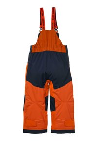Izolované šortky s laclem, které mají oranžovou horní část a námořnickou spodní část, nastavitelné popruhy s logem a suchý zip na kotnících.