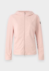 Ανοιχτό ροζ ζακέτα με φερμουάρ και κουκούλα, φτιαγμένη από λείο ύφασμα. Διαθέτει πλαϊνές τσέπες και ένα μικρό λογότυπο στο αριστερό μανίκι.