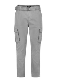 Graue Cargo-Hosen mit geradem Schnitt, aus Baumwollstoff, zwei Seitentaschen und einem Gürtel in der Taille. Mit Nähten und einer glatten Textur.