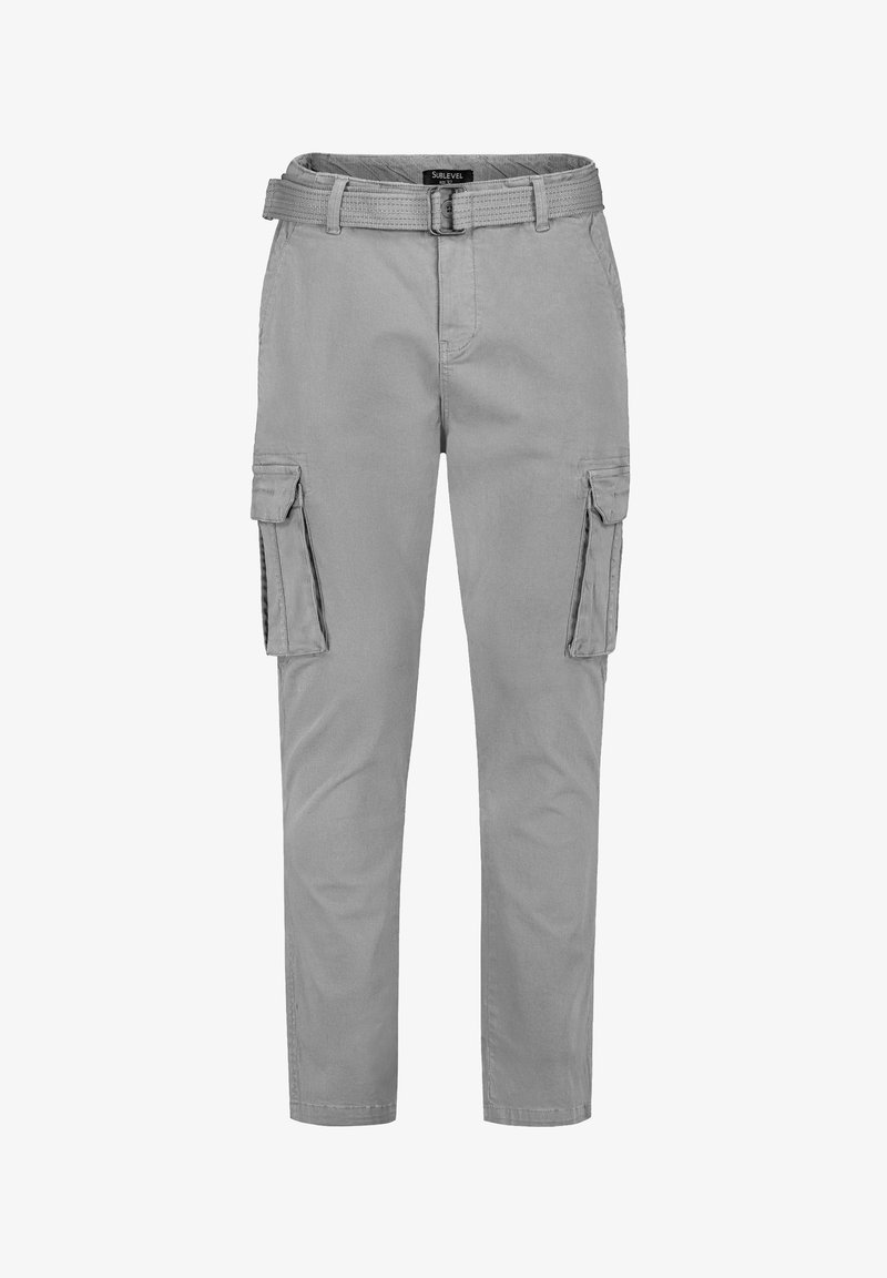 Graue Cargo-Hosen mit geradem Schnitt, aus Baumwollstoff, zwei Seitentaschen und einem Gürtel in der Taille. Mit Nähten und einer glatten Textur.