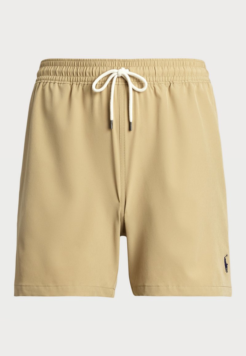 Beige Badehose aus glattem Material, mit einem elastischen Bund und weißem Kordelzug, sowie einem kleinen Logo auf der unteren Seite.