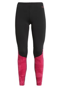Leggings negros con una textura suave y un diseño ajustado. Presentan acentos rosas en rayas horizontales en la parte baja de las piernas.