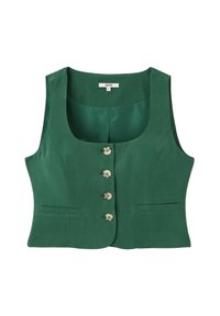 Gilet vert ajusté avec un col rond, cinq boutons crème sur le devant et deux poches latérales. Fabriqué en tissu lisse et léger.