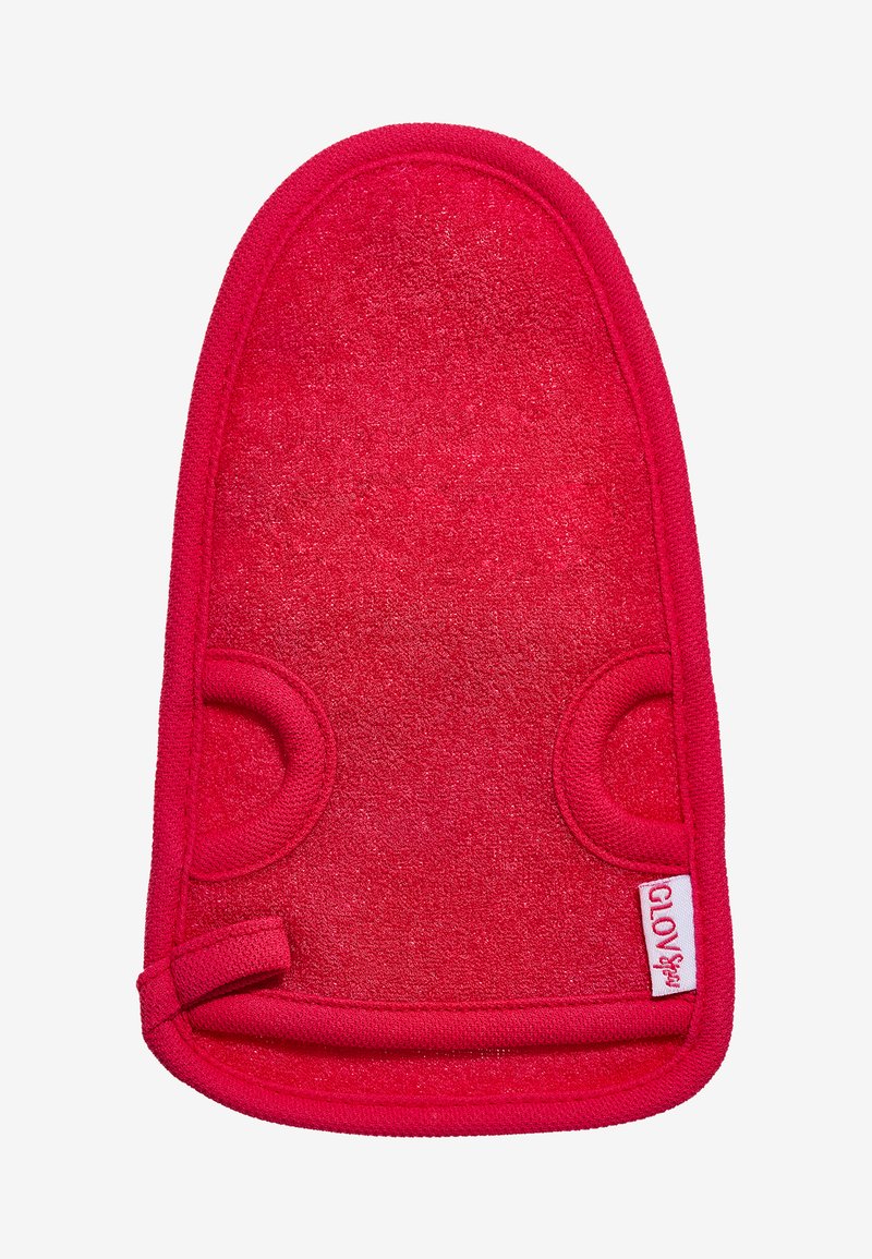 Rød gryteklut med teksturert overflate, avrundede kanter, to sirkulære håndtak, og en løkke til oppheng. Laget av varmebestandig materiale.