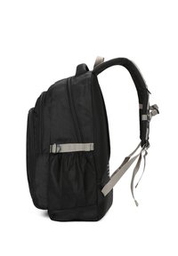 Sac à dos noir avec plusieurs compartiments zippés, sangles grises, poches latérales en mesh et un dos rembourré pour le confort.