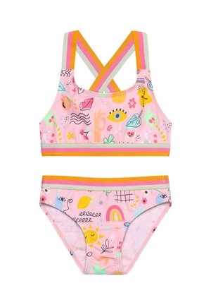 Maillot de bain deux pièces avec une base rose ornée de motifs ludiques colorés, incluant des fleurs et des formes ; il possède des bretelles et des bandes multicolores.