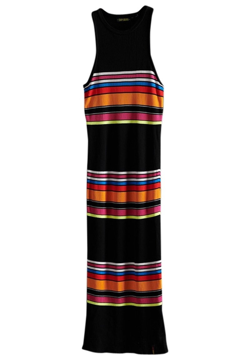 Robe noire sans manches avec des rayures horizontales en néon orange, rose, bleu et vert. Confectionnée en tissu côtelé ; longueur au genou.