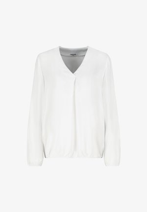 White long-sleeve women's blouse with V-neck, elastic waistband and cuffs, featuring a subtle overlap detail at the neckline.