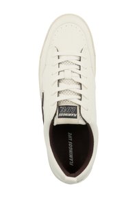 White leather sneaker with perforated details, brown accents, round toe, flat laces, and printed logo on the tongue and insole.