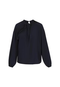 Blusa a maniche lunghe blu navy con un sottile dettaglio a cravatta al collo, realizzata in un tessuto morbido con una texture liscia e una vestibilità rilassata.