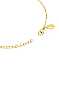 Guldfarvet kæde med sammenkædede design, der har en lille karabinlås og en oval medaljon med indgraveringen "BREIL."