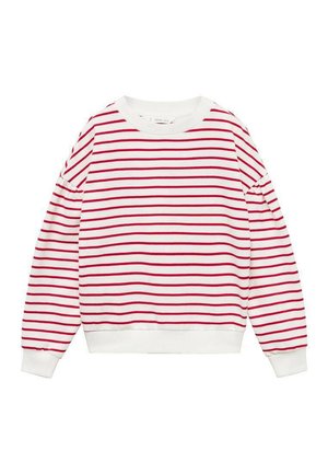 Red and white striped sweatshirt with a round neckline, ribbed cuffs, and hem. Made of cotton, featuring a relaxed fit and soft texture.