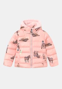 Lyserød polstret jakke med hestemotiver, hætte med faux pelskant, lynlås foran, elastisk snor og blødt materiale. Velegnet til koldt vejr.