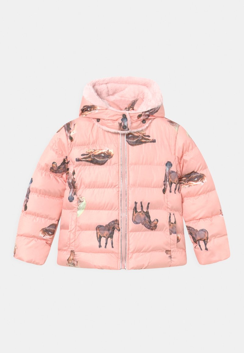 Lyserød polstret jakke med hestemotiver, hætte med faux pelskant, lynlås foran, elastisk snor og blødt materiale. Velegnet til koldt vejr.