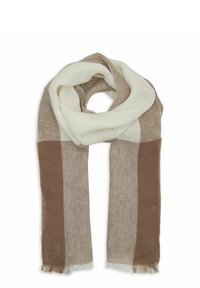 Lightweight scarf featuring alternating stripes of cream and brown shades, with a soft texture and fringe edges.
