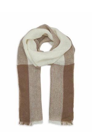 Sciarpa leggera con righe alternate di tonalità crema e marrone, con una texture morbida e bordi frangiati.