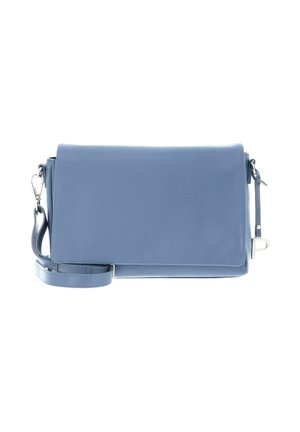 Blue leather crossbody bag with a flat rectangular shape, a detachable strap, and a magnetic closure. Smooth texture and minimalistic design.